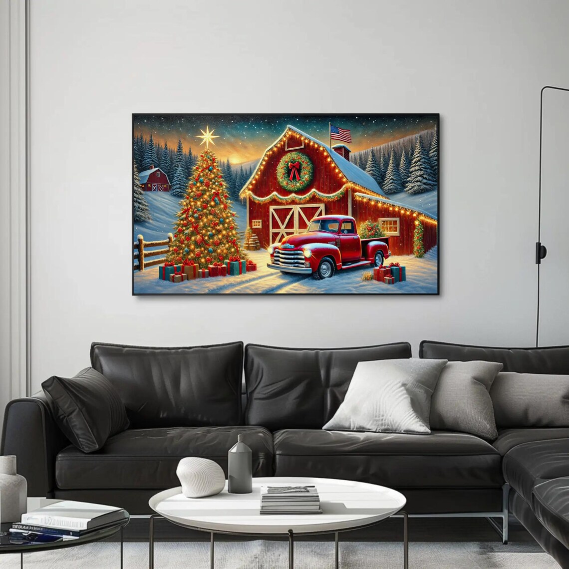Vintage Red Truck And Red Christmas Barn With Flag Scene Poster - Image 4