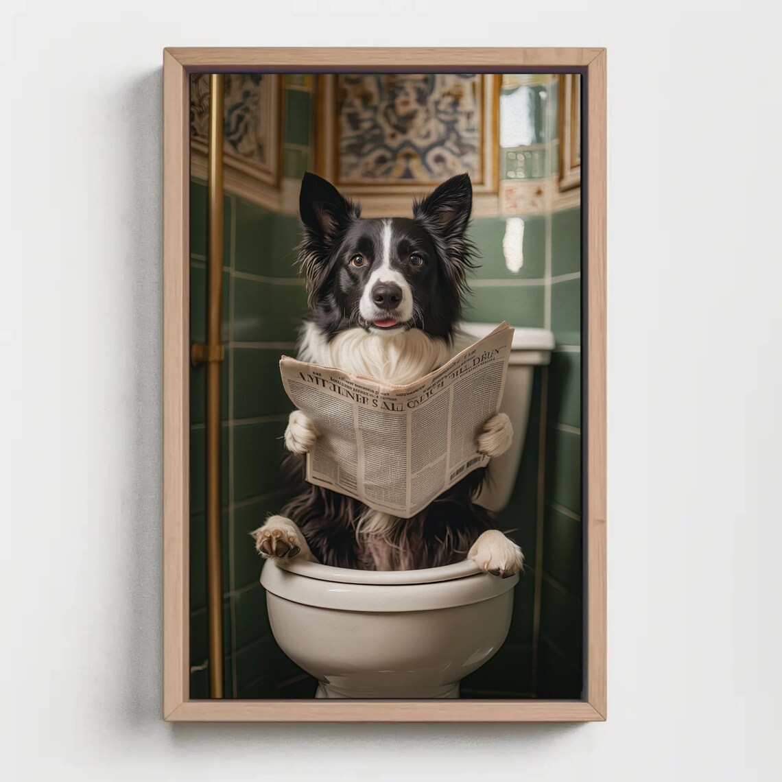 Black And White Border Collie Bathroom Humor Art Print