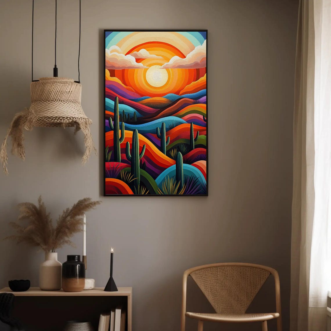 Bold Stylized Desert Sunset With Giant Saguaro Cacti Wall Art - Image 2