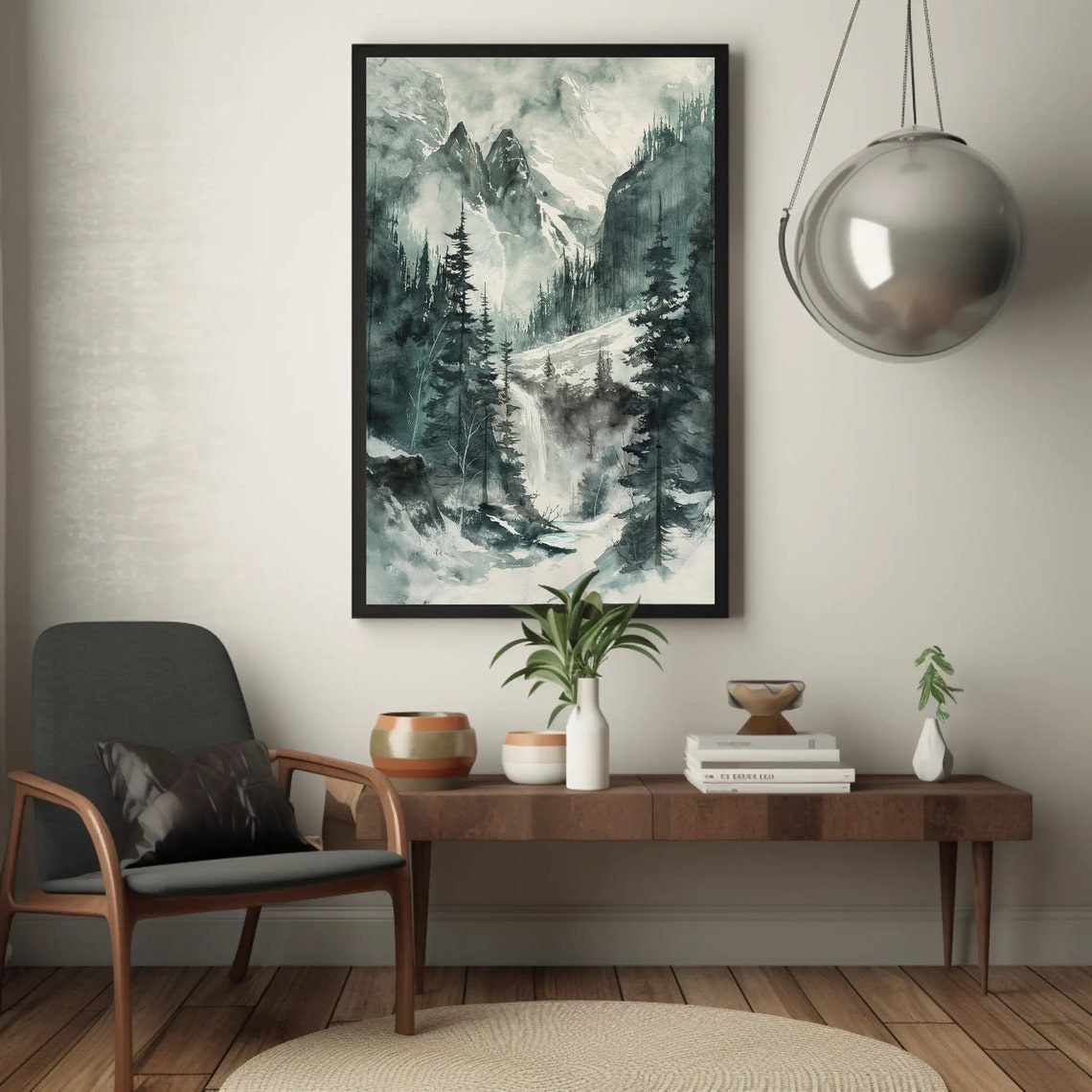 Waterfall In A Pines Forest With Snowy Mountains Framed Print Nature Watercolor Painting Pine Trees Wall Art Mountain - Image 2