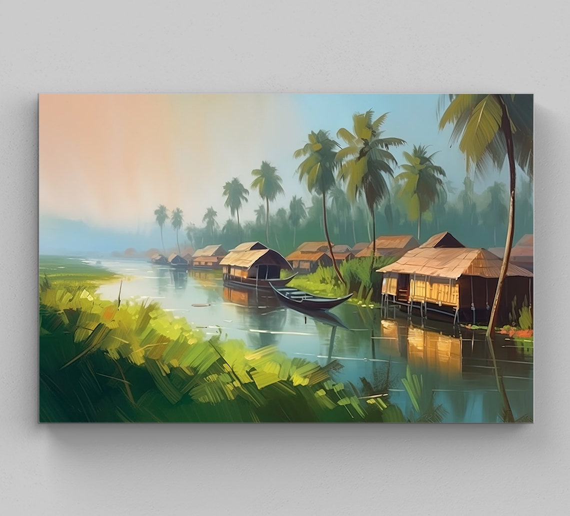 Kerala Backwaters Houseboats Palm Trees Sunrise Scene Poster