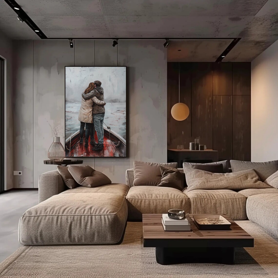 Romantic Couple Embracing in a Boat Oil Painting Poster Misty Waters - Image 2