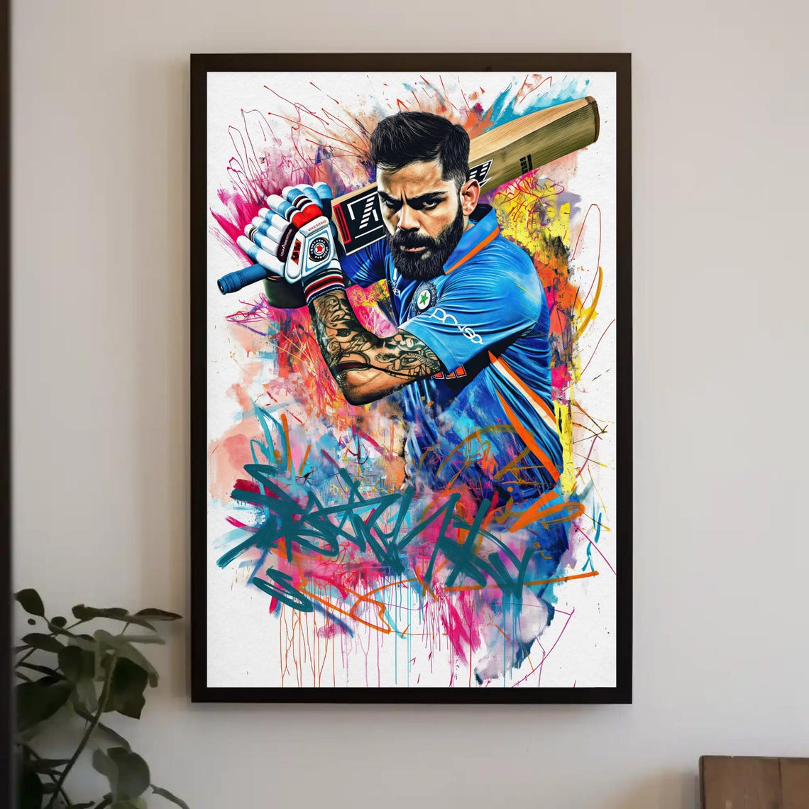 Virat Kohli Explosive Graffiti Style Cricket Batting Action Wall Art
