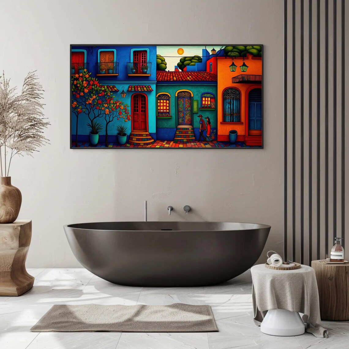 Mexican Colonial Street Folk Art Painting with Colorful Houses Poster - Image 2