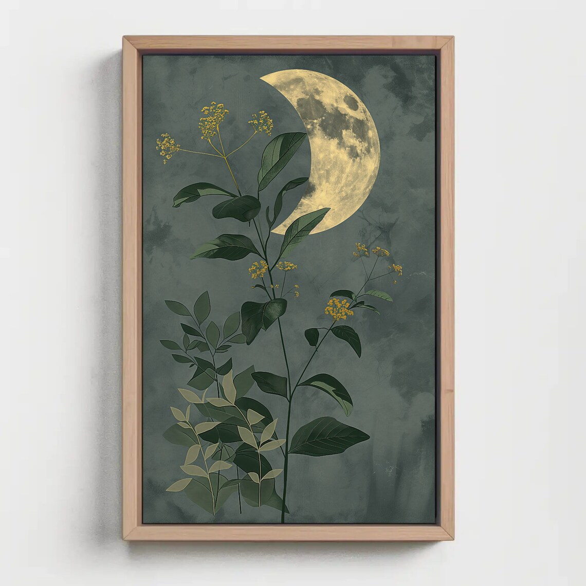 Crescent Moon Botanical Leaves Poster on Sage Green Background