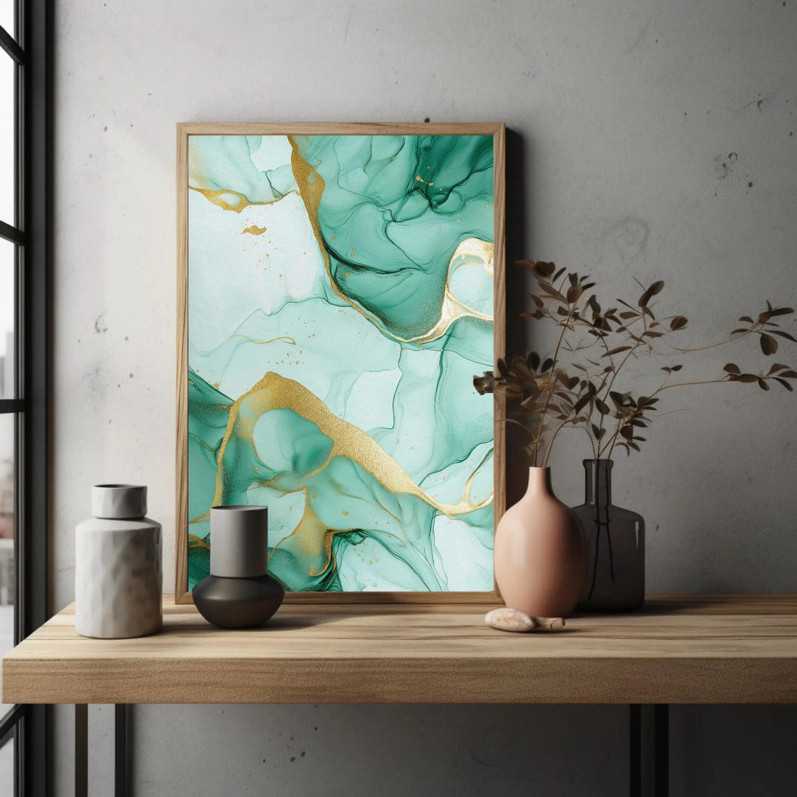 Emerald Green And Liquid Gold Marble Abstract Ink Art Poster - Image 3