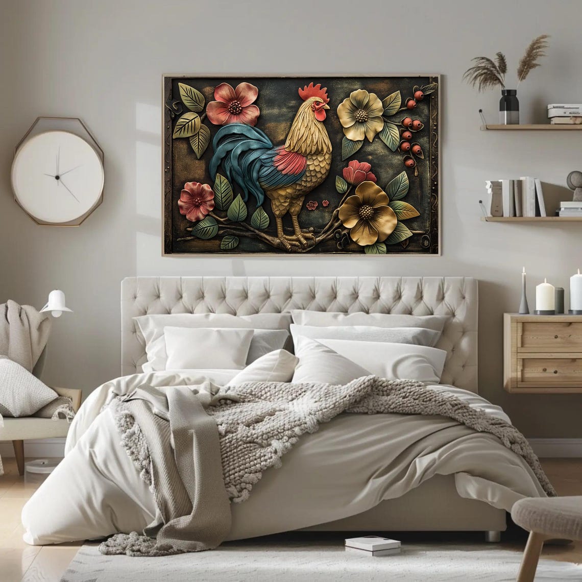 Metallic Rooster With Flowers Embossed 3D Relief Artwork Poster - Image 5