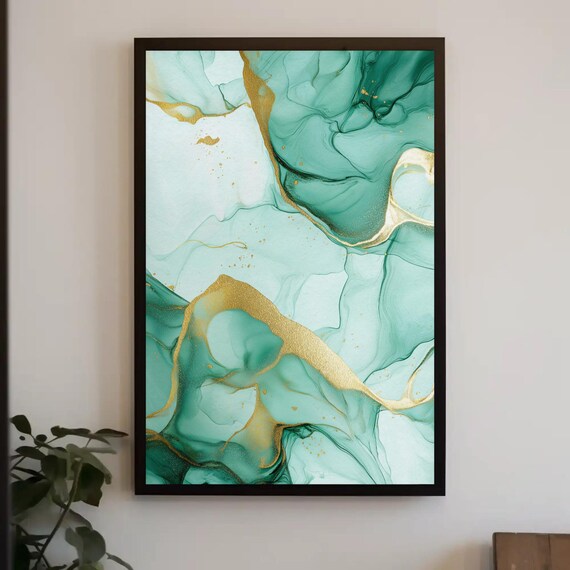 Green Marble Print Gold Turquoise Abstract Luxury Wall Art Framed Modern Decor For Living Room Or Office Ready To Hang