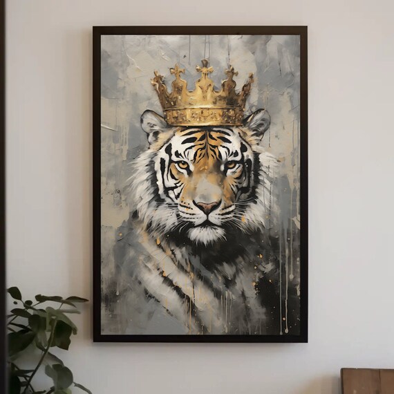 White Tiger Wearing Golden Crown Wildlife Portrait Art Poster