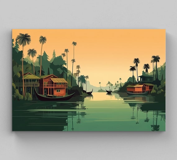 Kerala Backwaters Art Kerala Backwaters Art South Indian Scenery Print South Indian Artwork South Indian Print Indian Home Decor