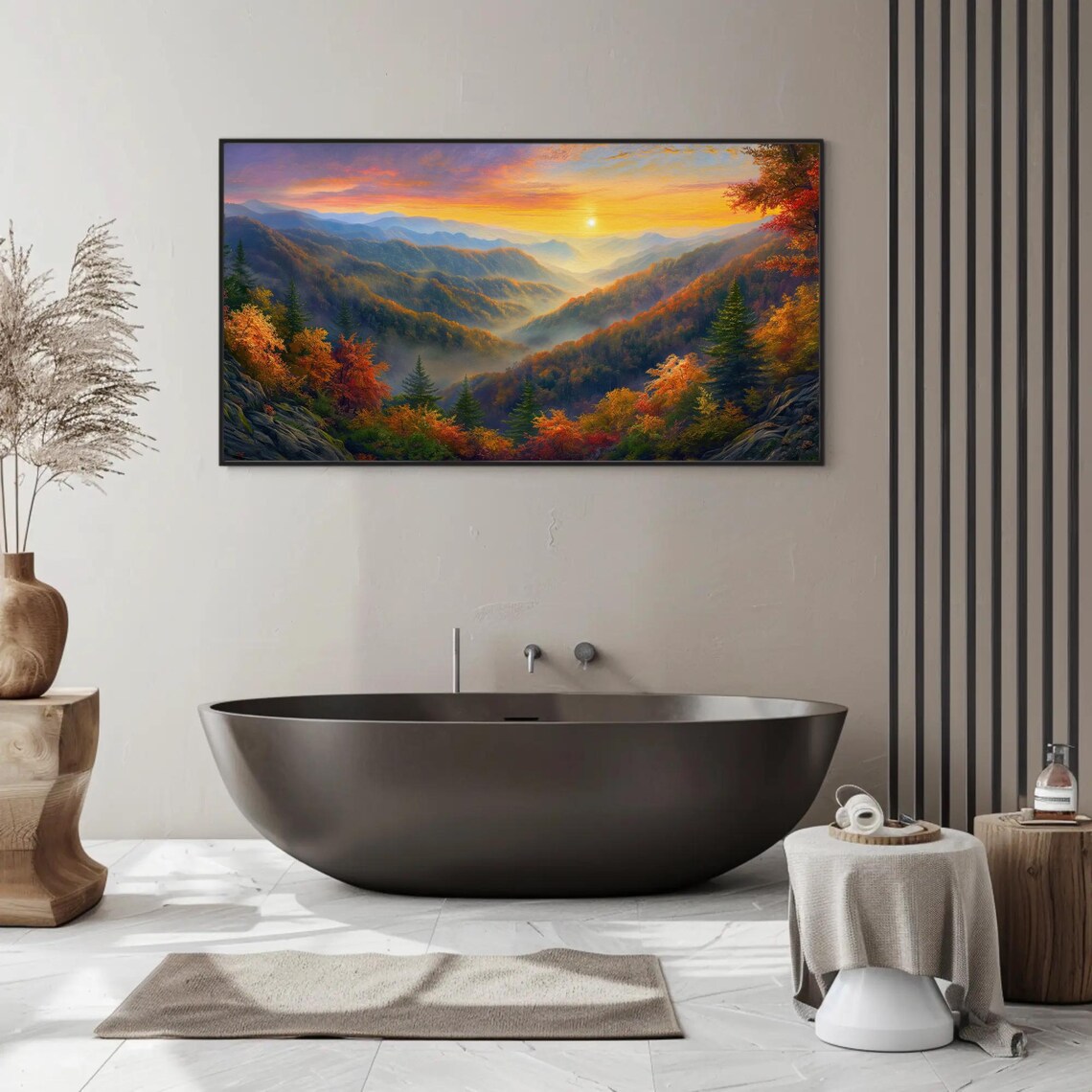 Sunset Valley Autumn Mountain Panorama Landscape Painting Poster - Image 3