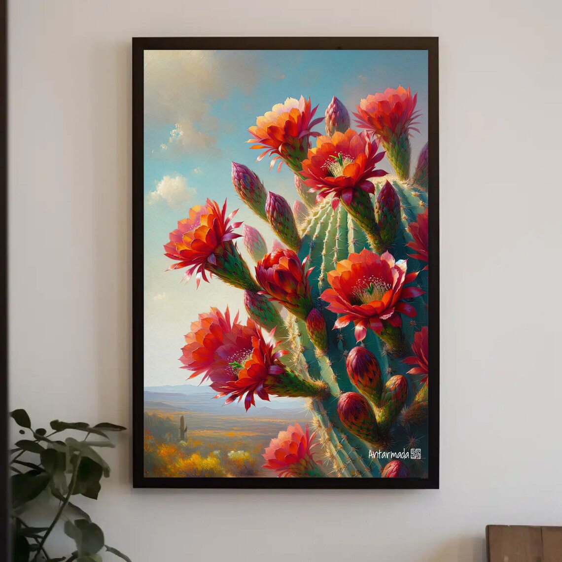 Blooming Red Cactus Flowers, Southwest Desert Art Print