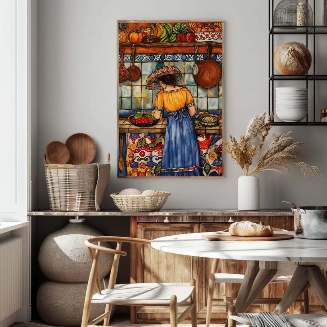 Mexican Woman Cooking in a Colorful Traditional Folk Art Kitchen Poster - Image 2