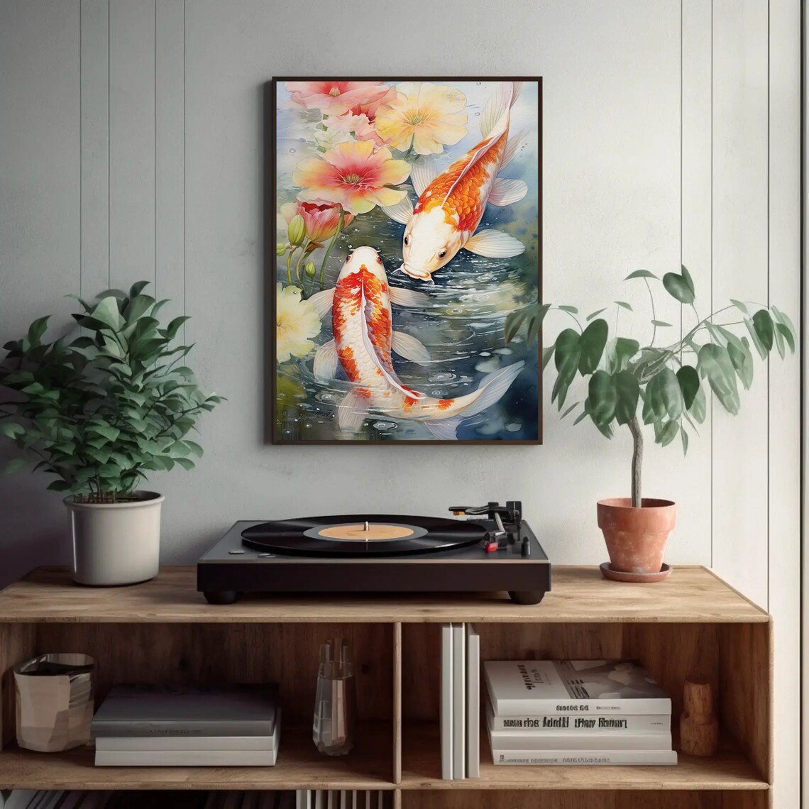 Two Koi Fish Swimming With Blossoms Watercolour Painting Poster - Image 3