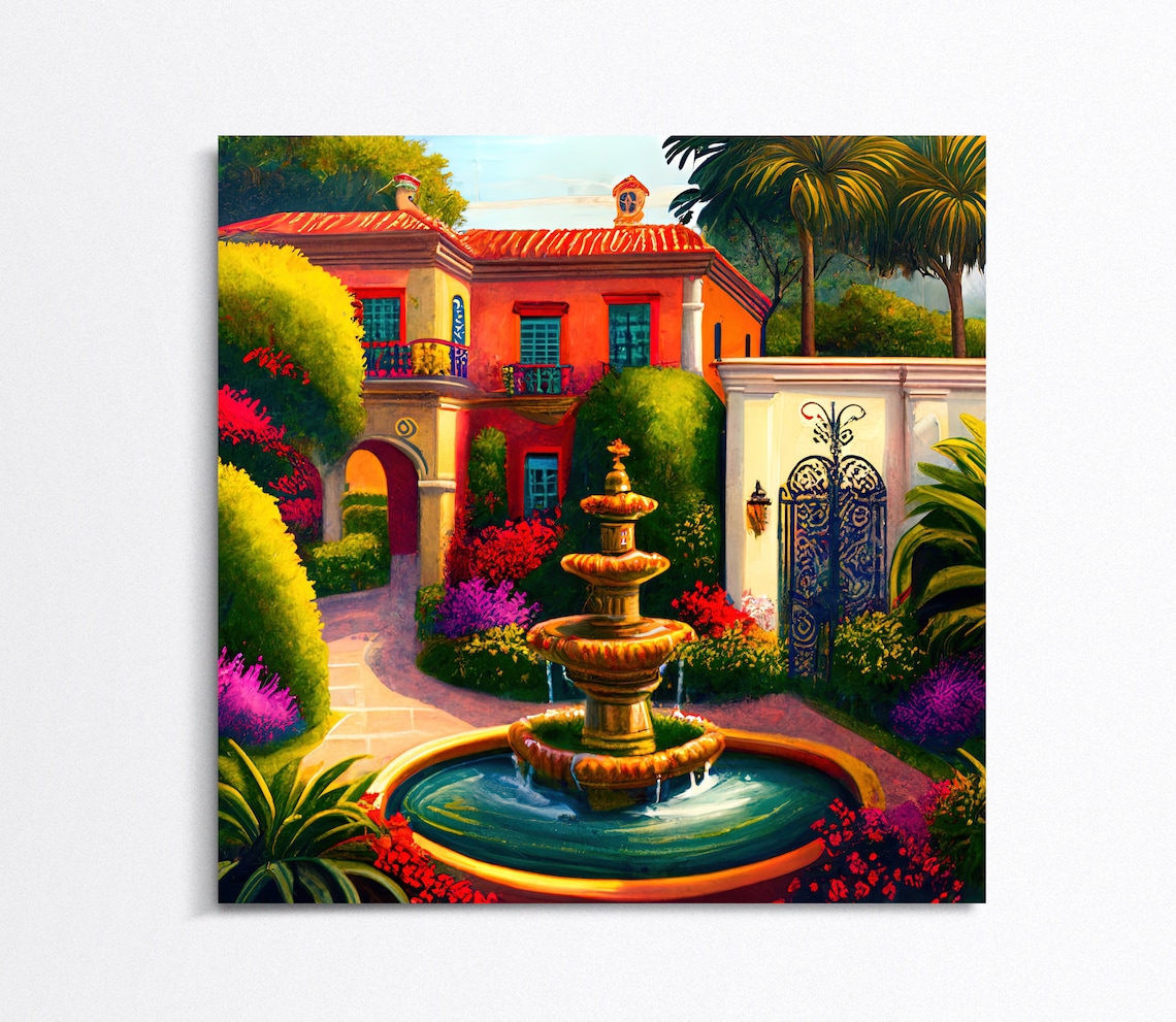 Mexican Red Hacienda Tiered Fountain Lush Garden Colonial Art Poster