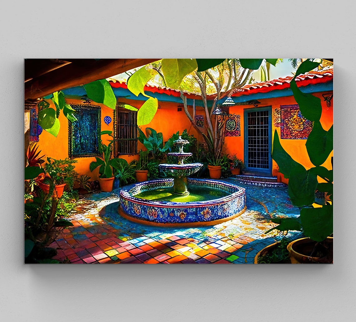 Mexican Courtyard With a Colorful Mosaic Tile Fountain Poster