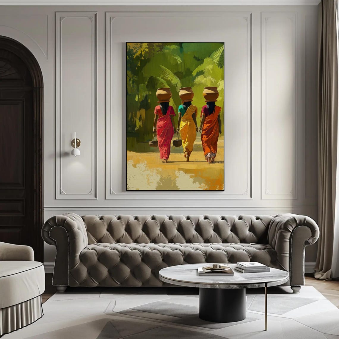 Indian Village Women Carrying Pots Print Traditional Indian Women In Sarees Cultural Vertical Wall Art Indian Heritage Painting - Image 3