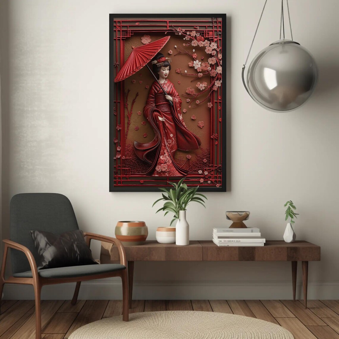 3D Japanese Geisha With Umbrella Art Print, Elegant - Image 3