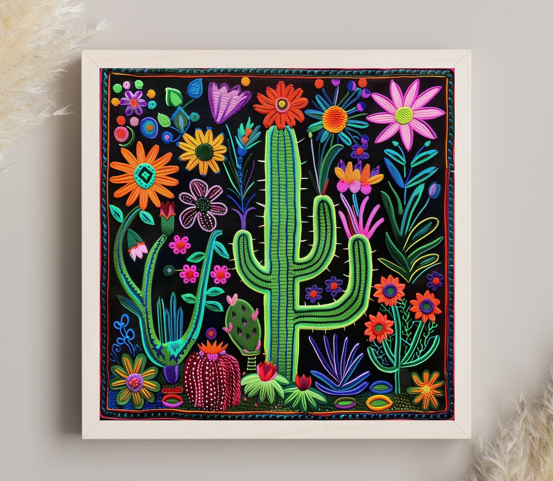 Desert Cactus and Wildflowers Huichol Yarn Art Poster Black Background