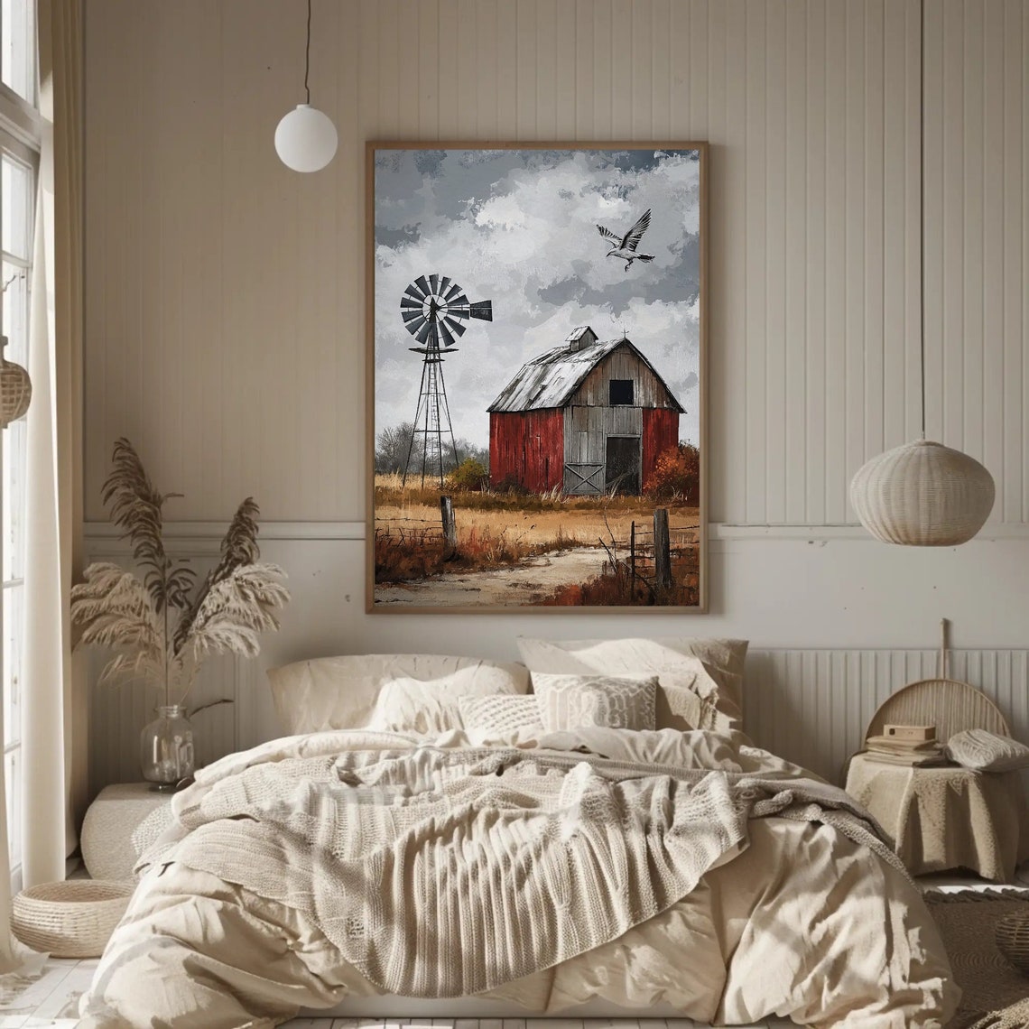 Red Barn Windmill and Seagull Rustic Farm Landscape Poster Moody Sky - Image 3