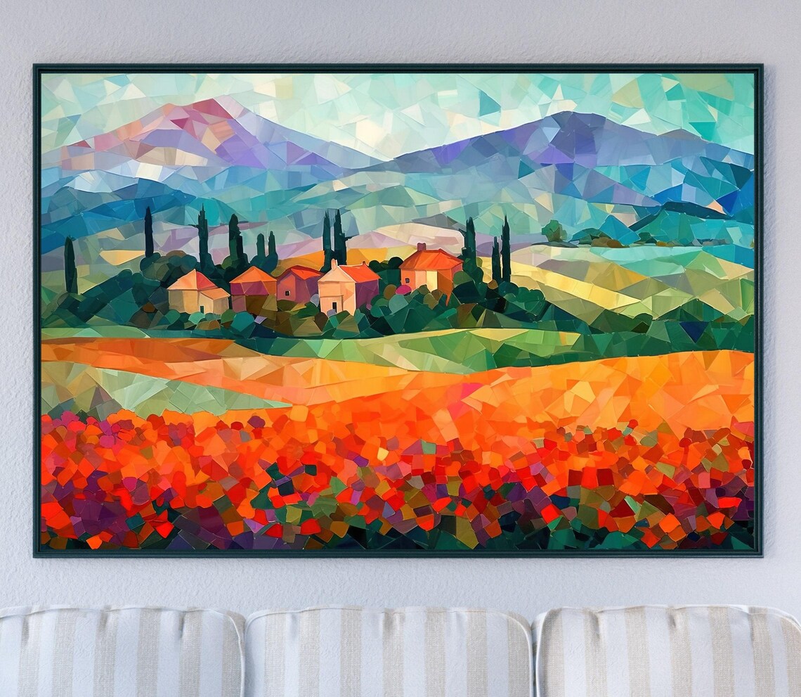 Tuscan Countryside Geometric Mosaic Farmhouses Mountains Art Print - Image 5
