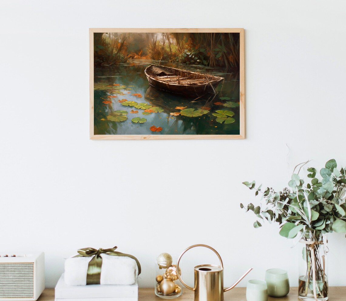 Weathered Wooden Boat Resting Among Lily Pads on Still Water Poster - Image 4