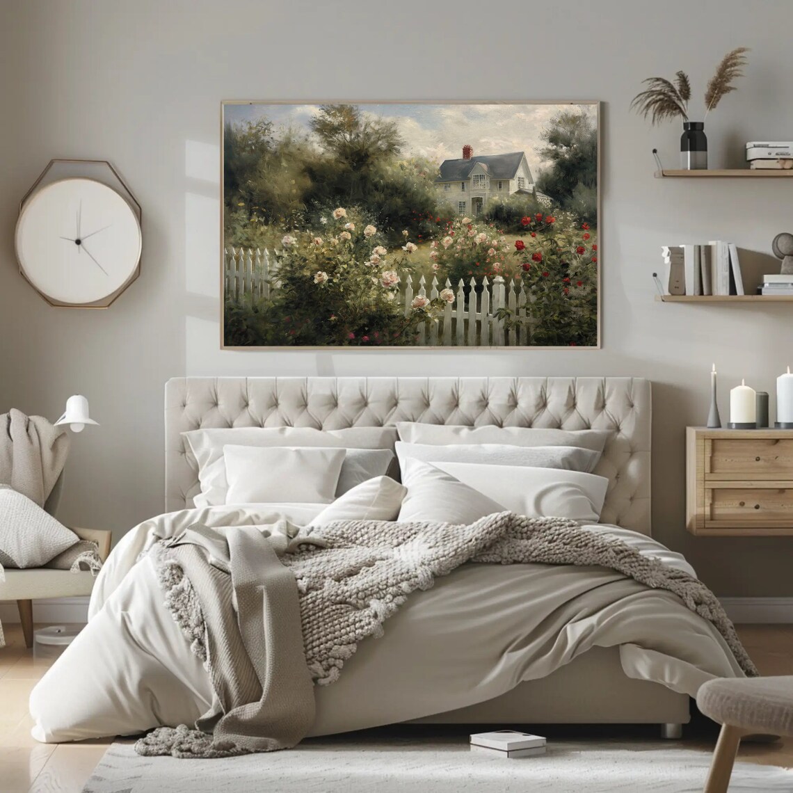Farmhouse With Rose Garden And White Picket Fence Art Poster - Image 3