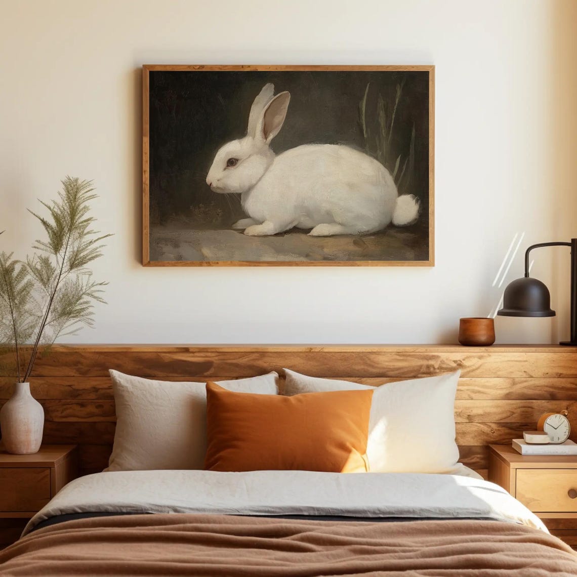 White Rabbit Crouching in Profile Vintage Oil Painting Poster - Image 3