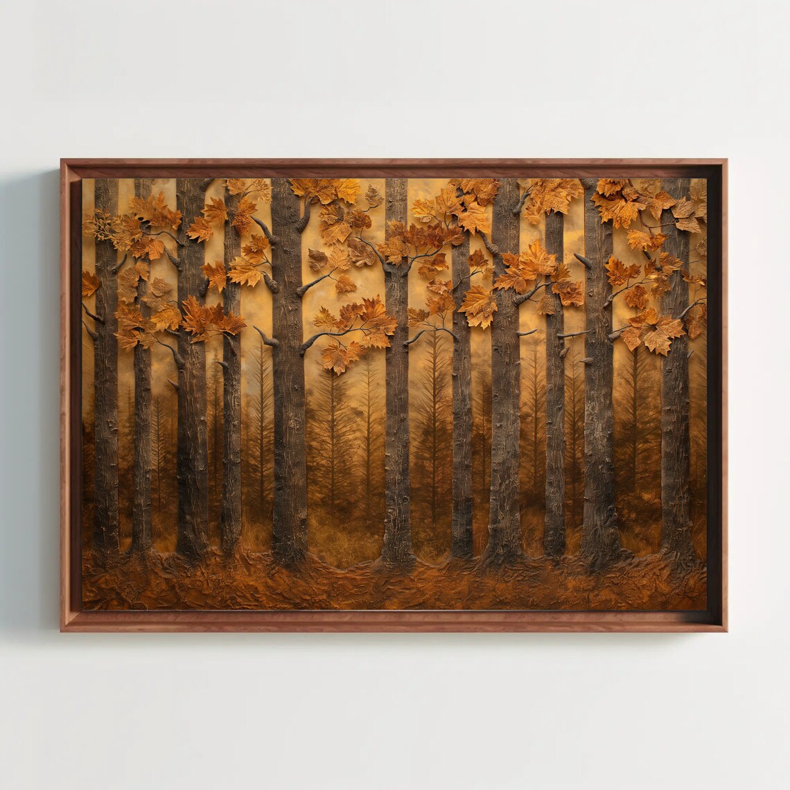 Golden Autumn Maple Forest With Carved Wood Texture Art Poster