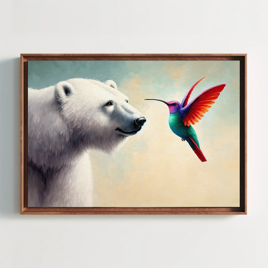 Polar Bear And Hummingbird Whimsical Wildlife Oil Painting Poster