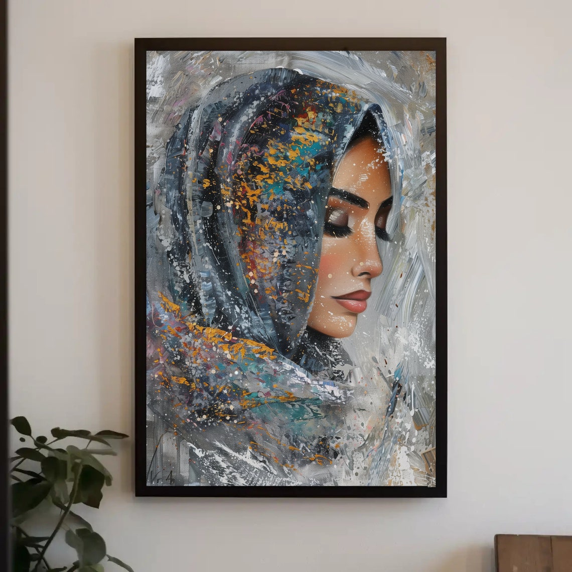 Abstract Veiled Woman Profile Poster with Paint Splatter Texture