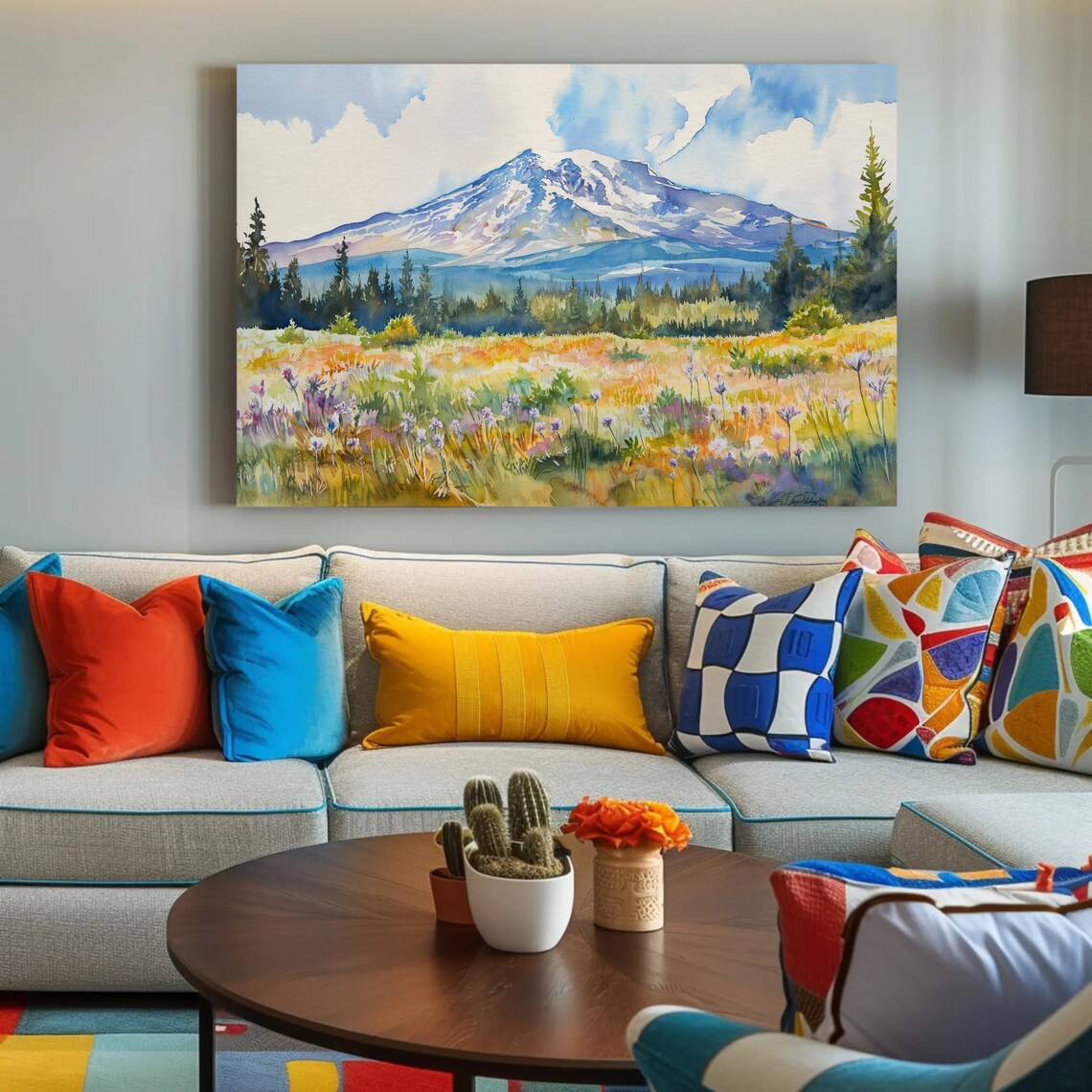Snow-Capped Mountain Watercolor Wildflower Meadow Landscape Poster - Image 2