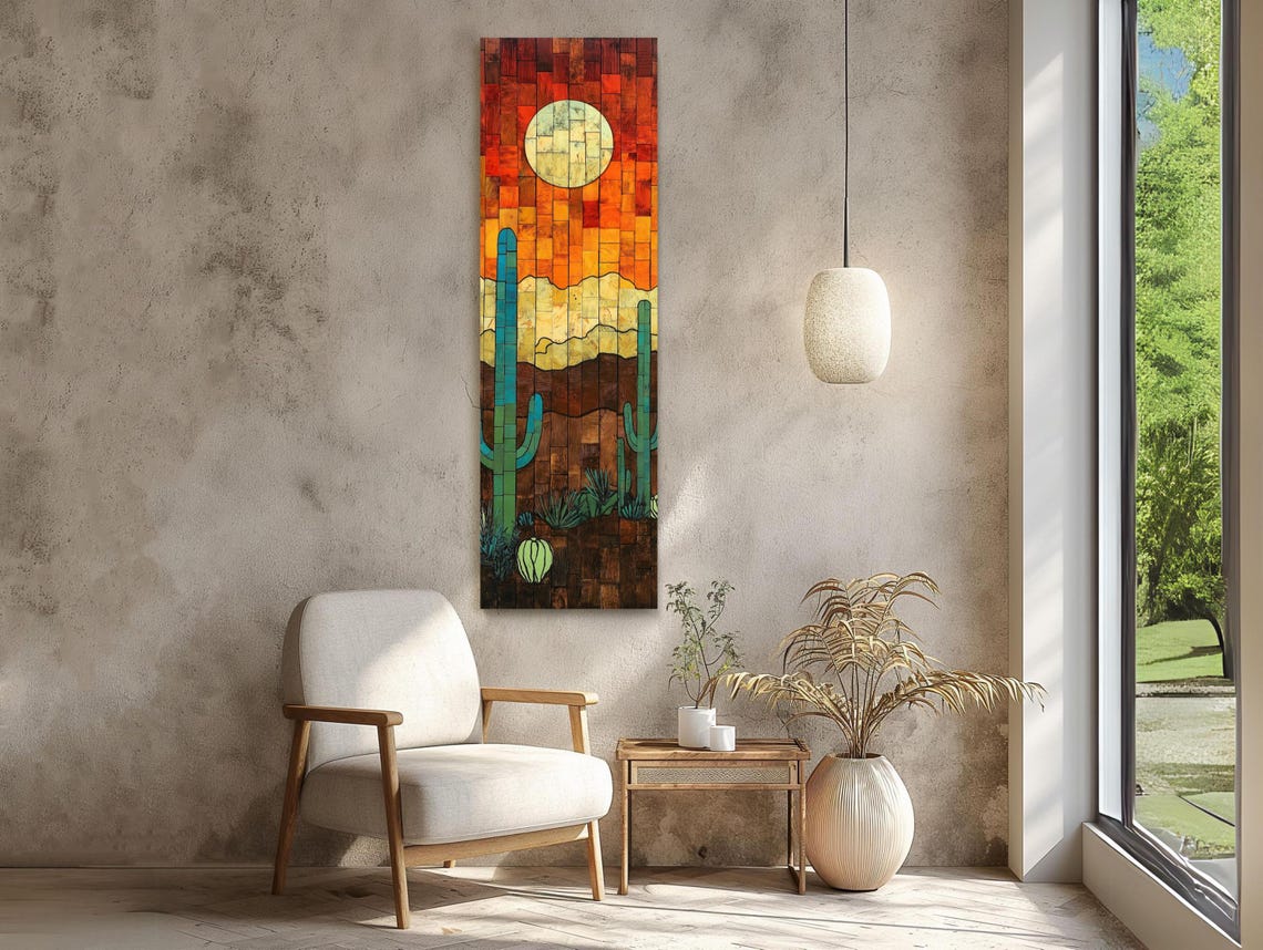 Mosaic Style Desert Sunset With Saguaro Cacti Vertical Poster - Image 2