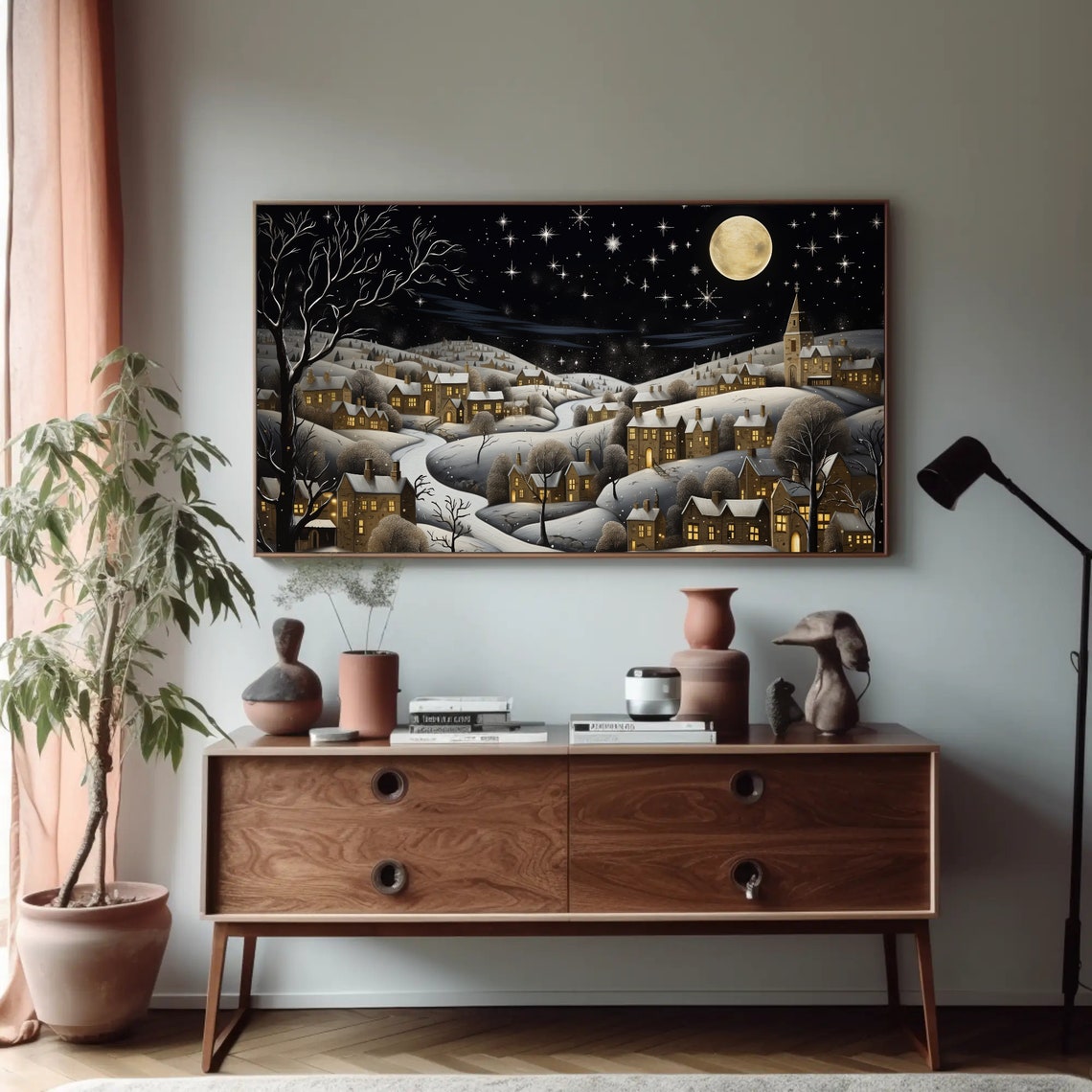 Moonlit Christmas Snow Village Night Scene Holiday Art Poster - Image 4