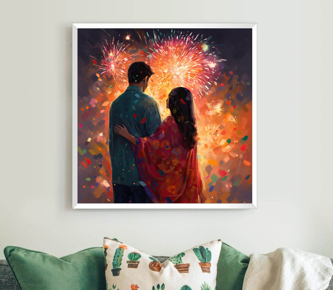 Indian Couple Watching Diwali Fireworks on a Night Sky Art Poster