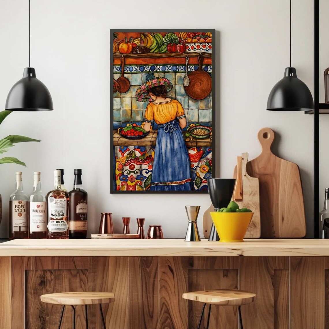 Mexican Woman Cooking in a Colorful Traditional Folk Art Kitchen Poster - Image 3