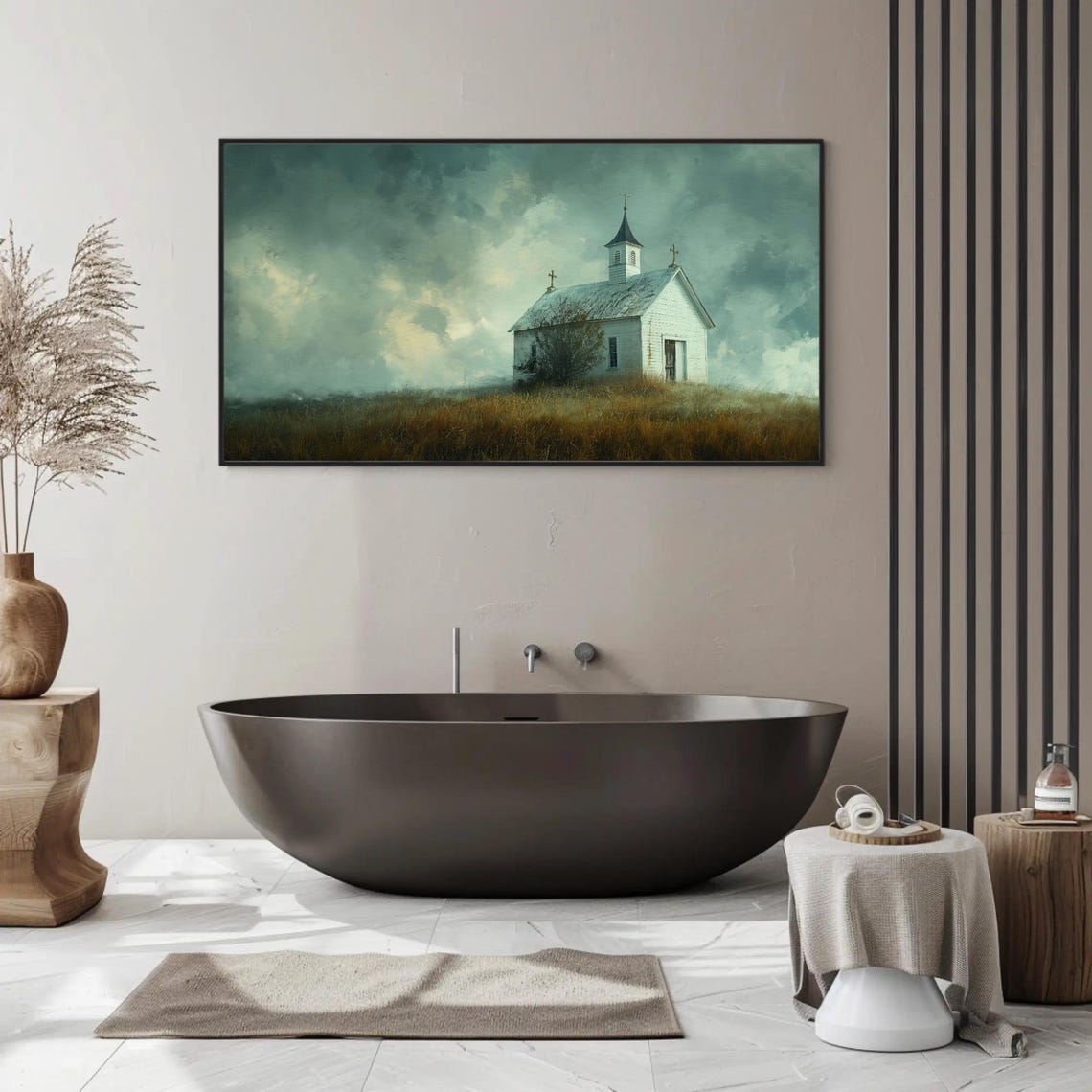 Lonely White Chapel On A Windswept Hill Under Moody Skies Poster - Image 5