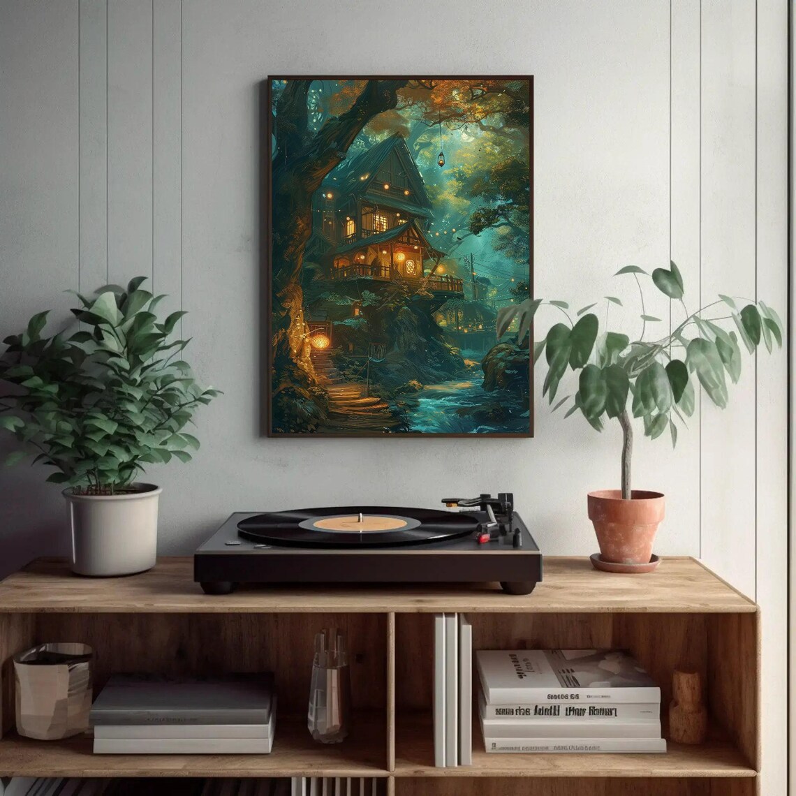 Magical Lantern-Lit Forest House at Night Fantasy Painting Poster - Image 3
