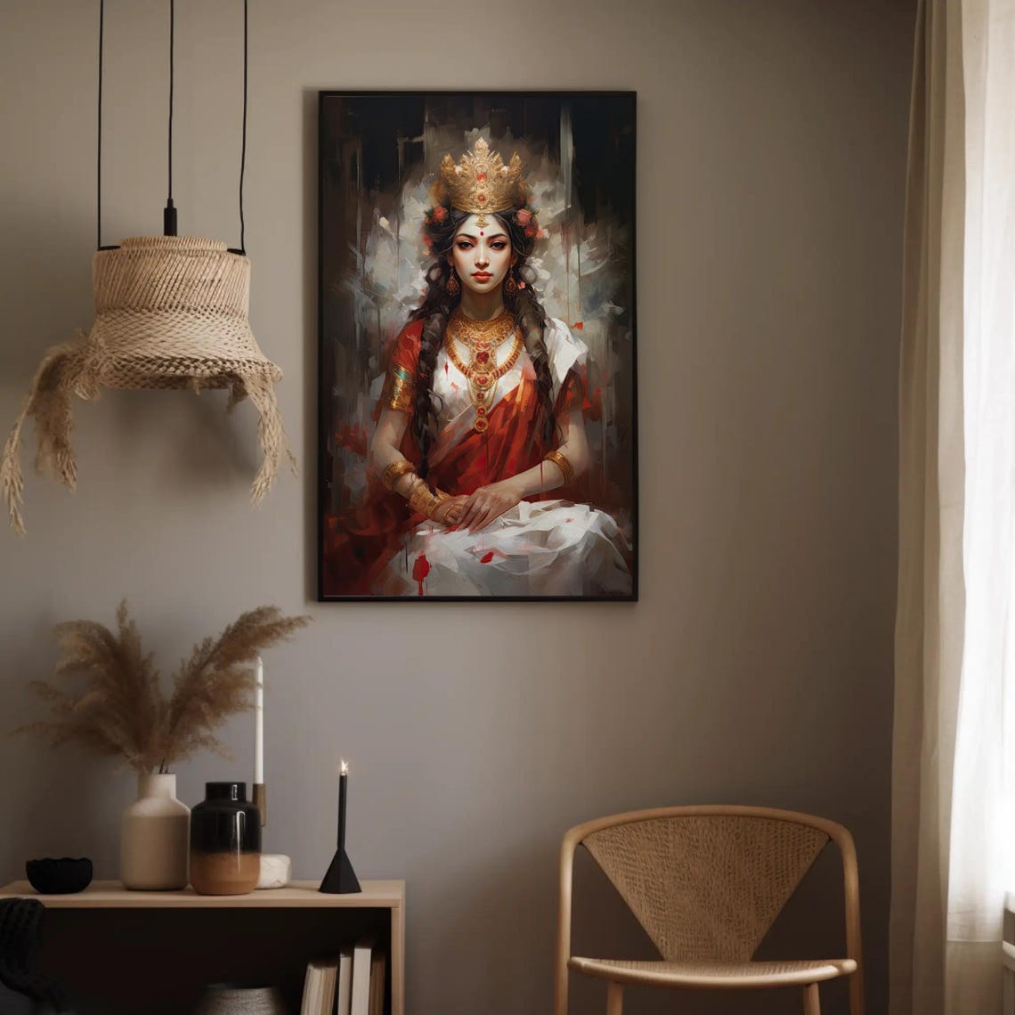 Goddess Lakshmi Portrait Red Sari Golden Crown Divine Wall Poster - Image 5