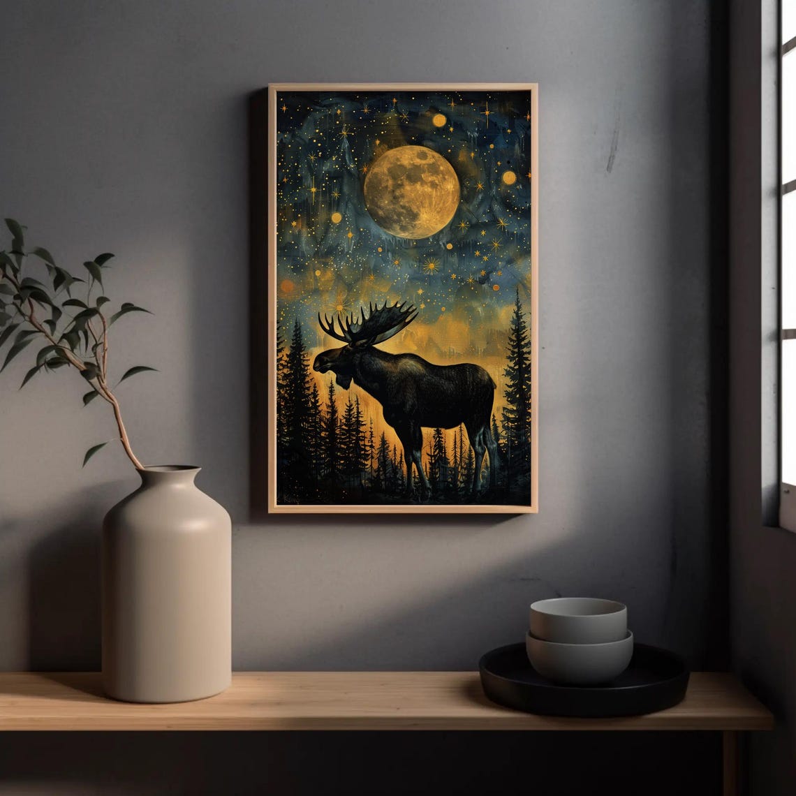 Moose Starry Night Giant Golden Moon Pine Forest Silhouette Poster - Image 5