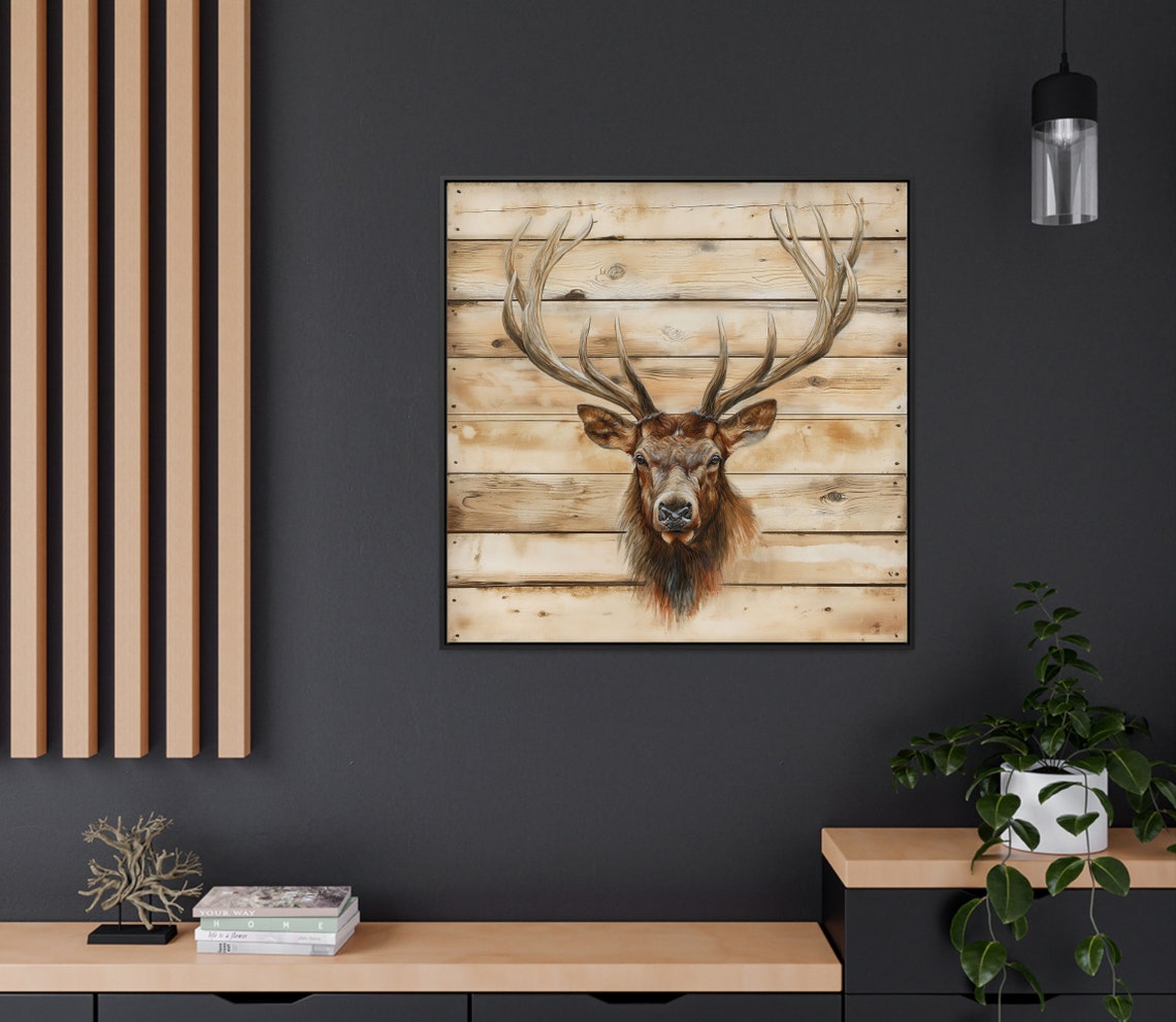 Majestic Elk Stag Head Portrait On Rustic Wood Plank Cabin Poster - Image 3