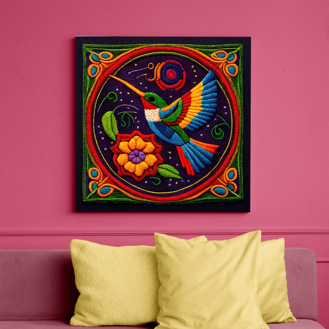 Huichol Hummingbird Embroidered Floral Mexican Folk Art Poster - Image 4