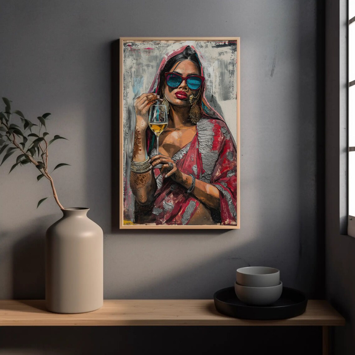 Woman In Red Saree With Sunglasses And Wine Abstract Painting Poster - Image 5
