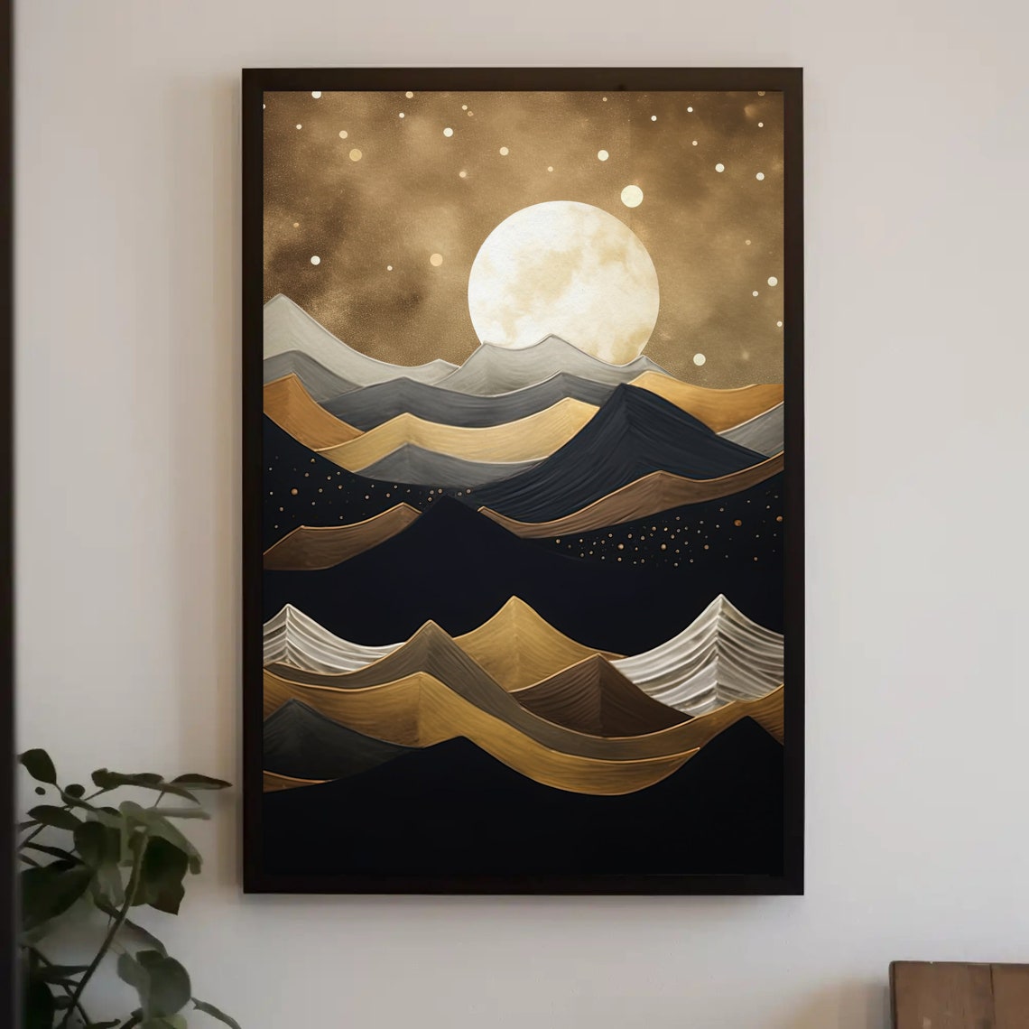 Golden Moon Over Black Mountains Modern Abstract Scene Poster