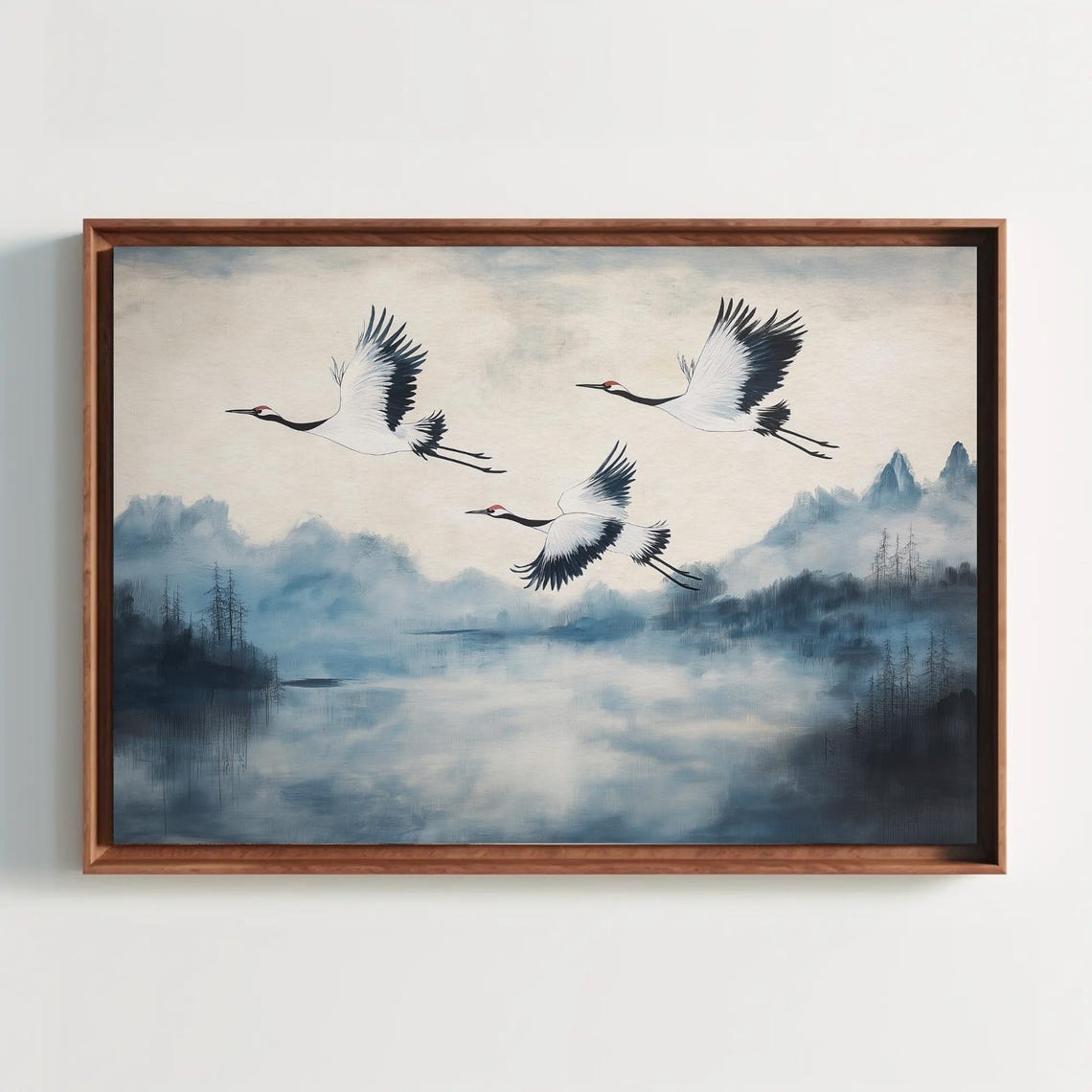 Three Red Crowned Cranes Over A Misty Blue Lake Cool Tone Poster