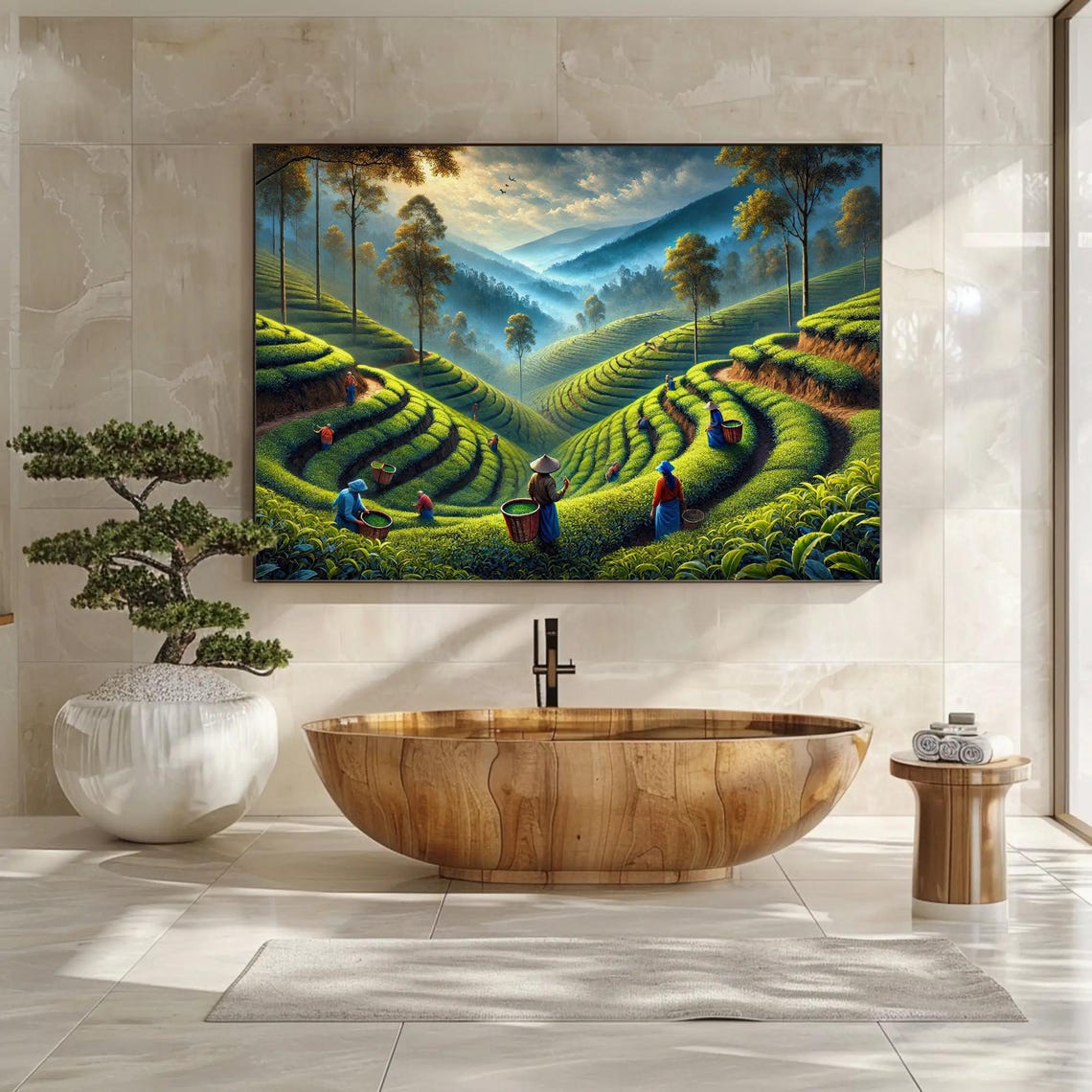 Darjeeling Tea Gardens Terraced Hills Pickers Painting Poster - Image 3