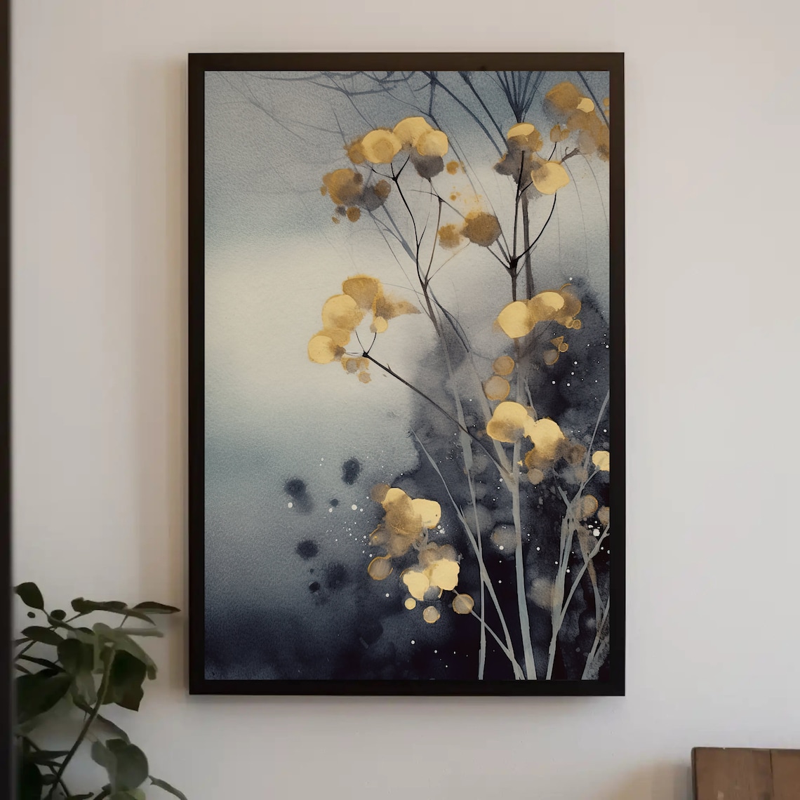 Golden Blossom Branches Night Sky Gold Ink Watercolor Poster