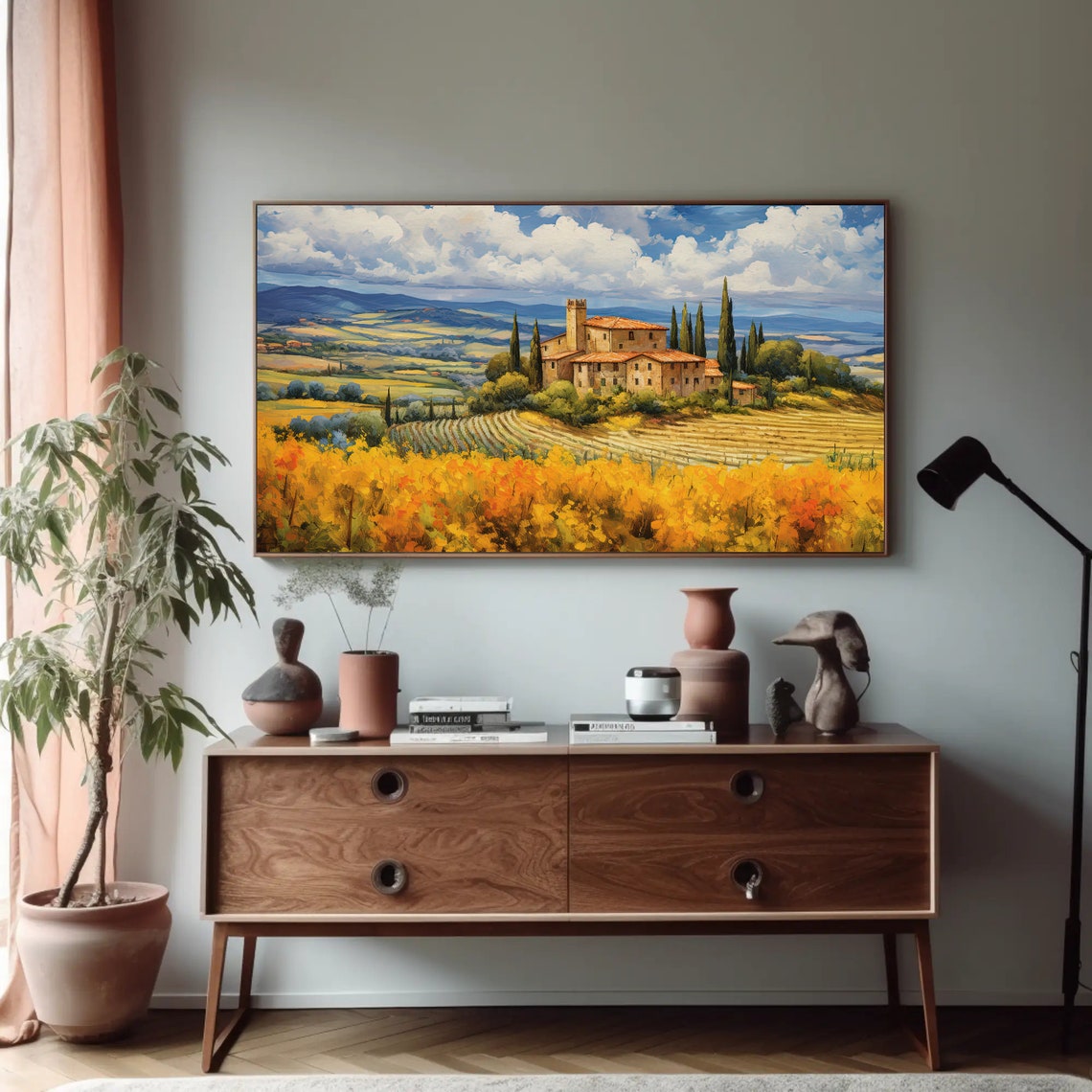 Tuscan Villa with Cypress Trees Golden Countryside Art Poster - Image 2
