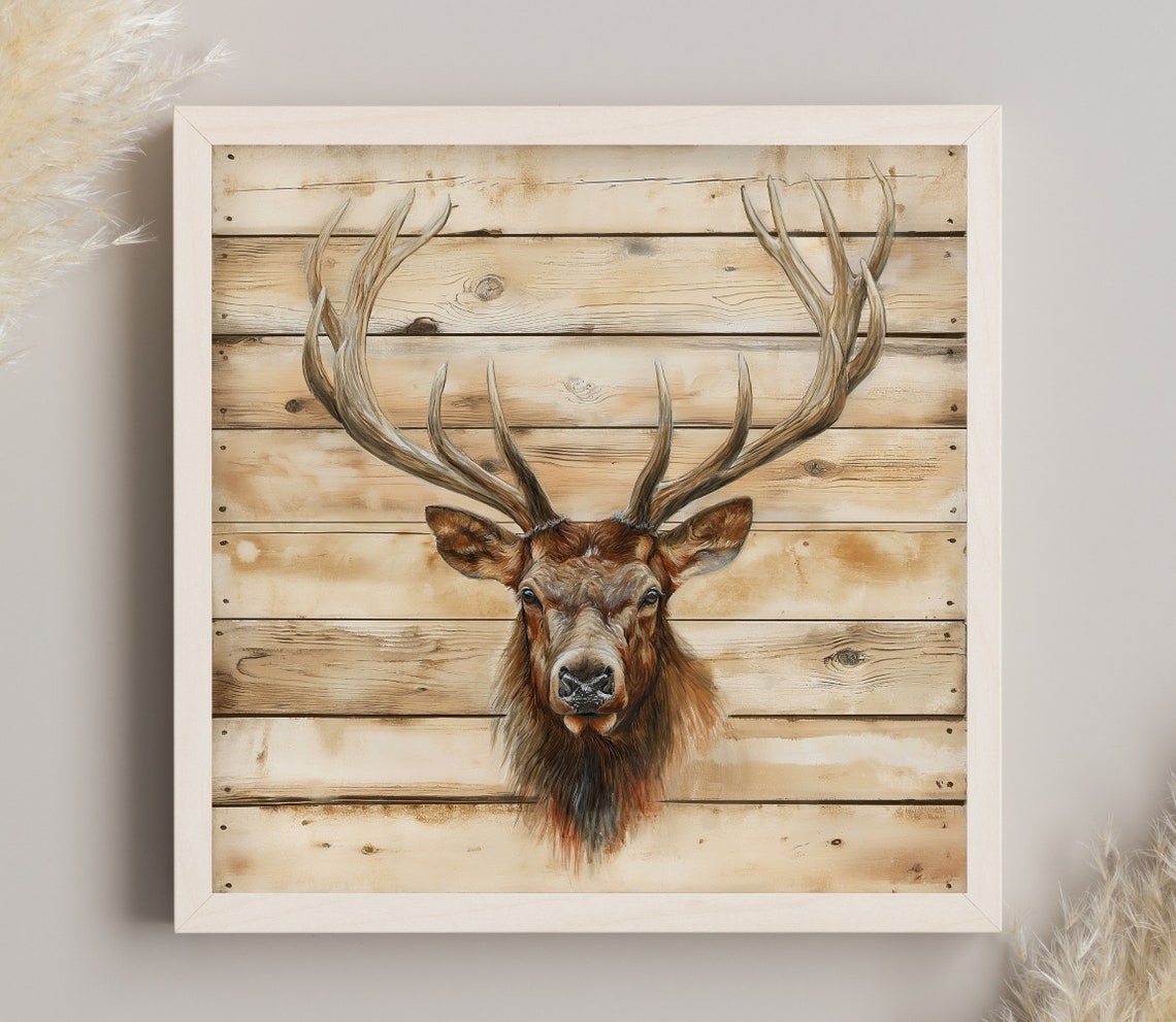 Majestic Elk Stag Head Portrait On Rustic Wood Plank Cabin Poster - Image 5