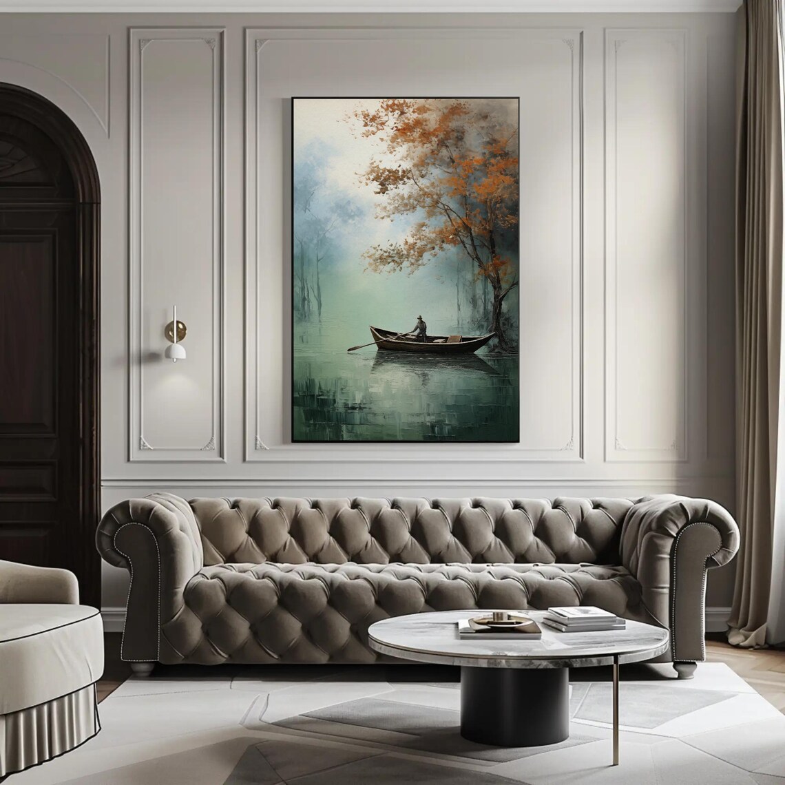 Lone Fisherman Rowing On Misty Autumn Lake Painting Art Poster - Image 2